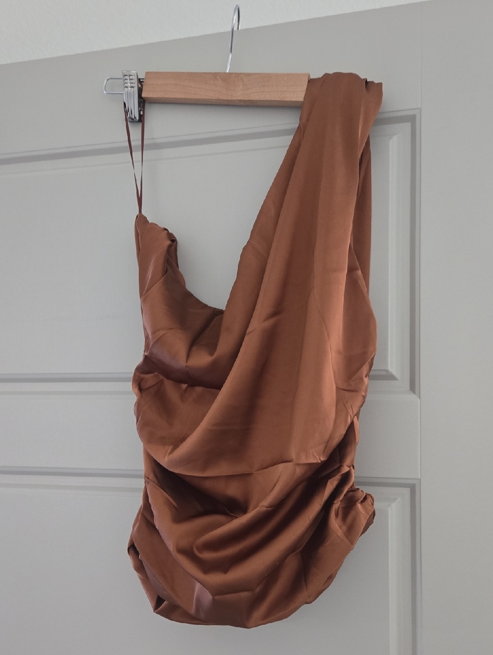 One-Shoulder Draped Satin Dress in Chestnut